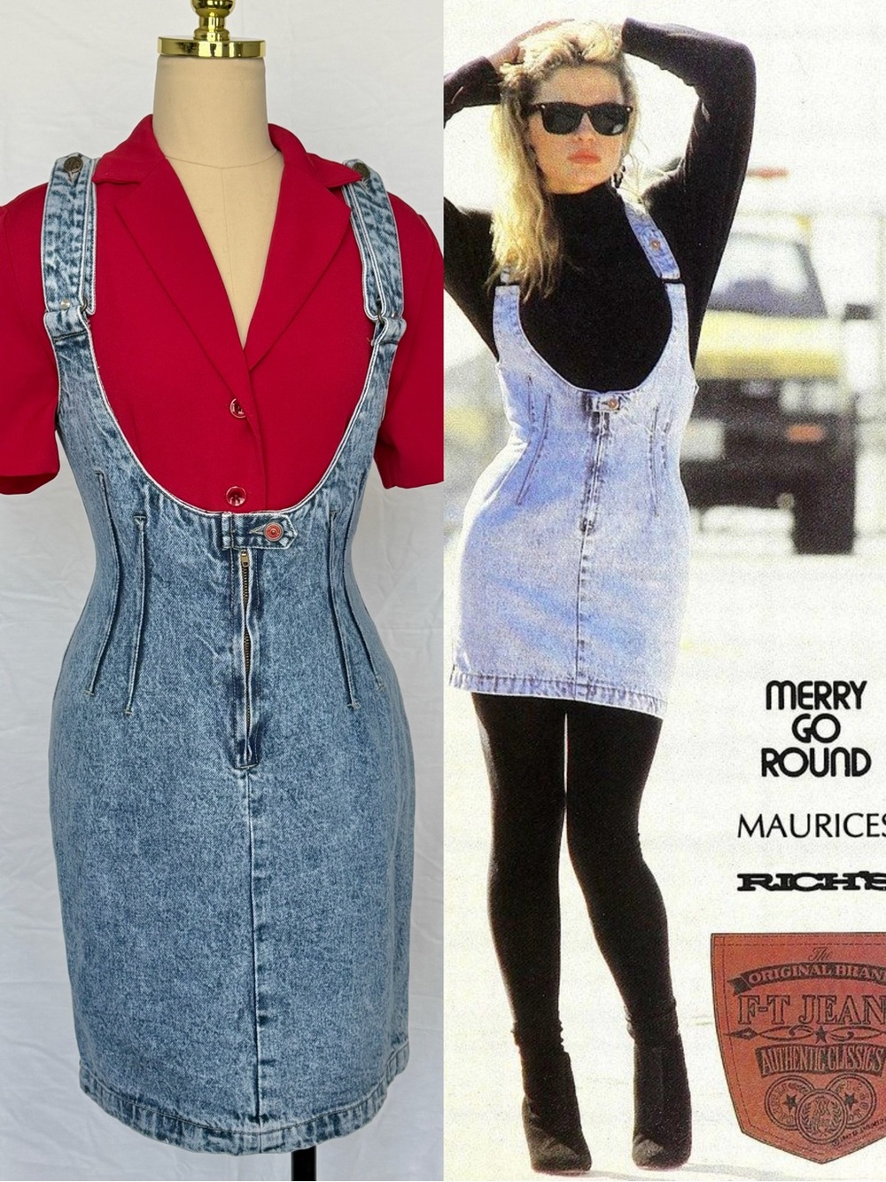 Vintage Denim Overall Skirt / Dress, Acid Wash Denim Pinafore Dress